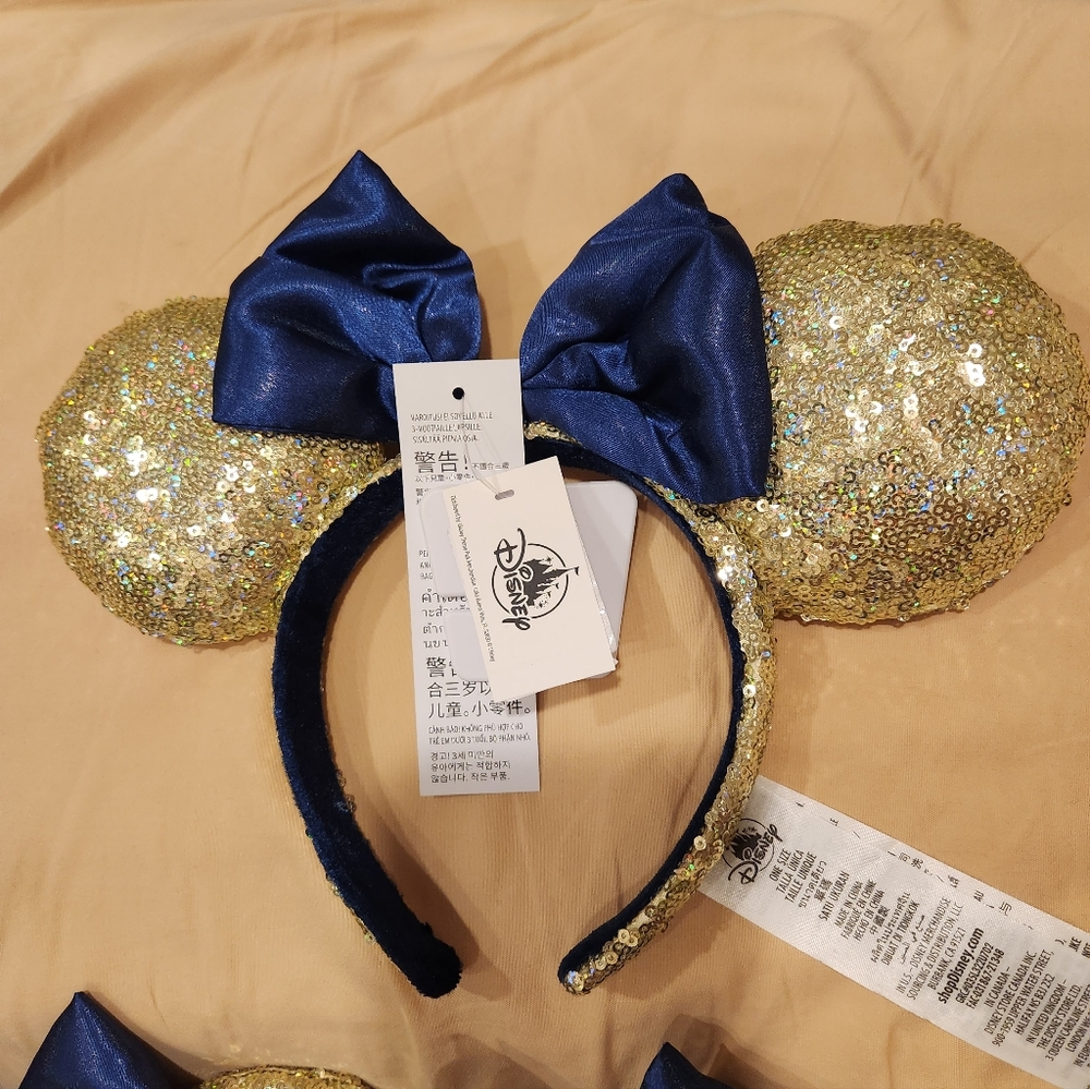 Brand New Golden Sequins Blue Bow Minnie Mouse Ears